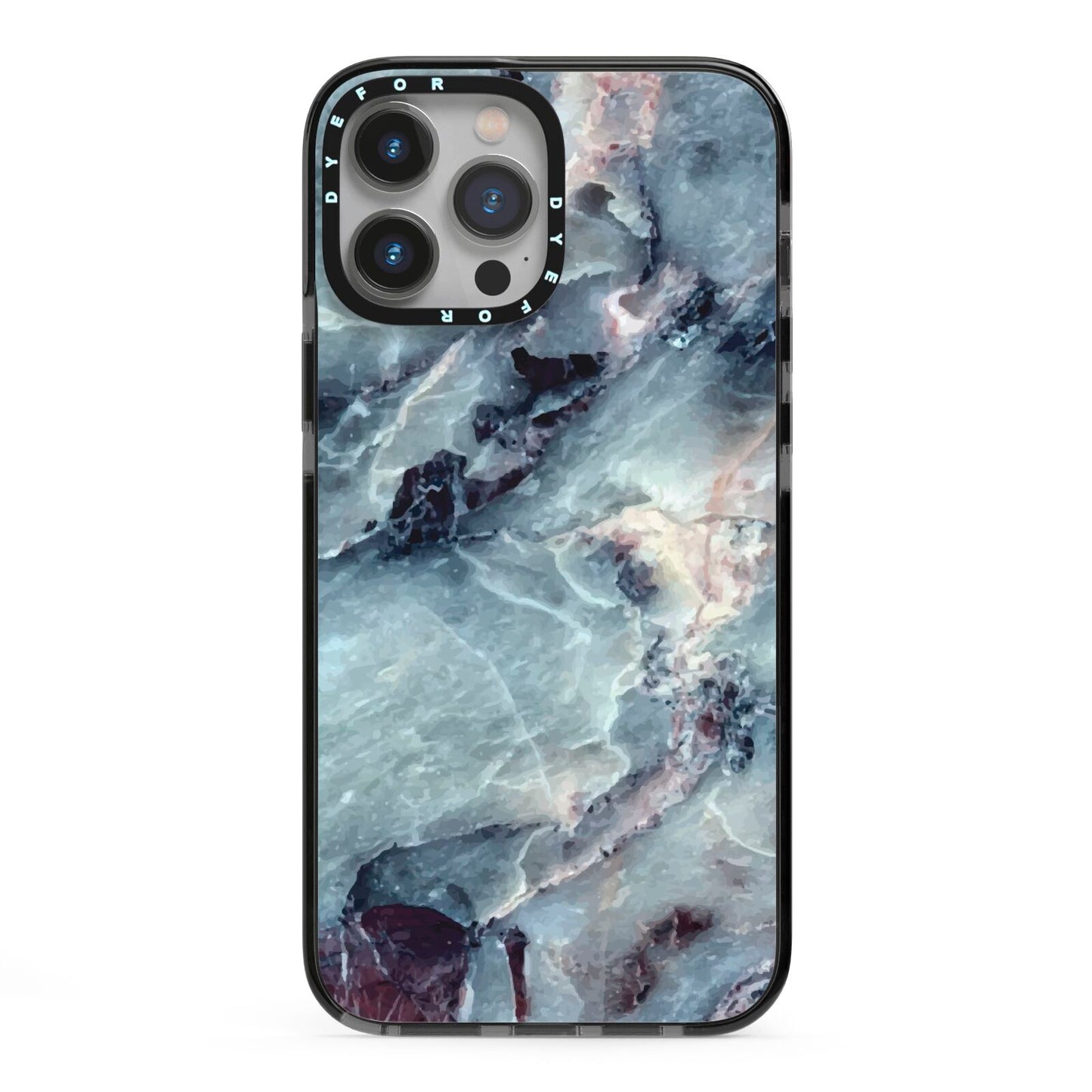 Faux Marble Blue Grey iPhone 13 Pro Max Black Impact Case on Silver phone