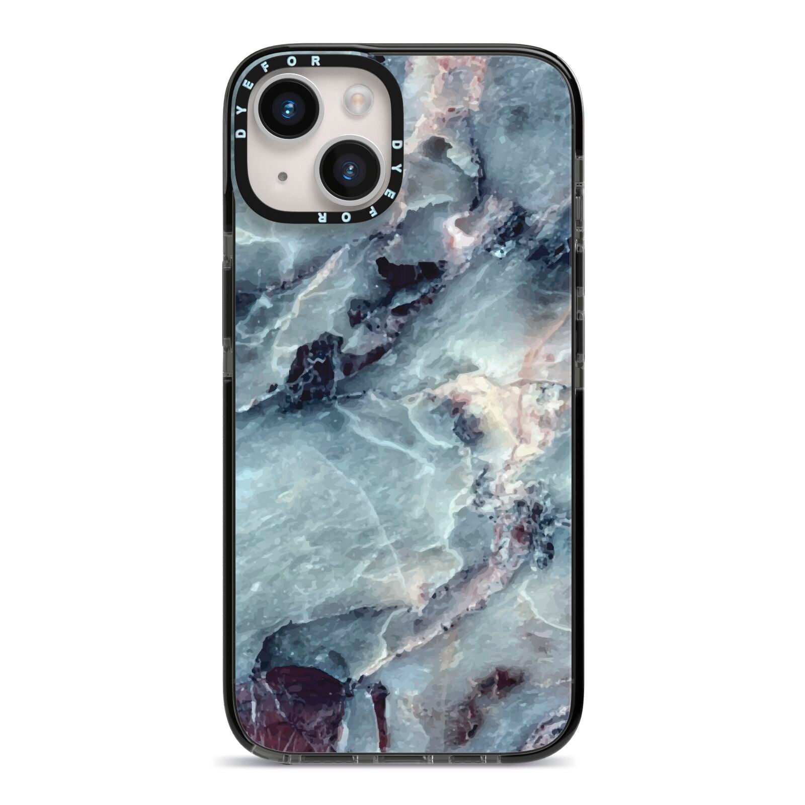 Faux Marble Blue Grey iPhone 14 Black Impact Case on Silver phone