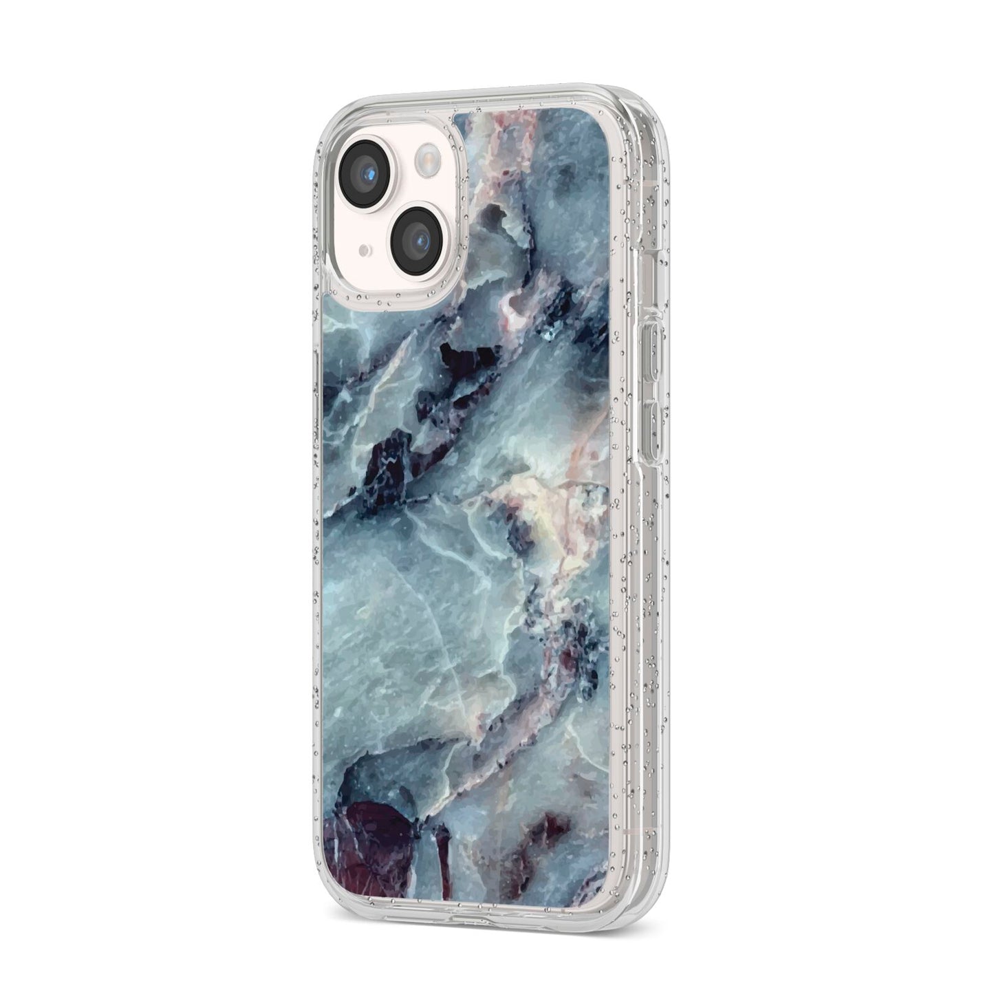 Faux Marble Blue Grey iPhone 14 Glitter Tough Case Starlight Angled Image
