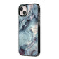 Faux Marble Blue Grey iPhone 14 Plus Black Impact Case Side Angle on Silver phone