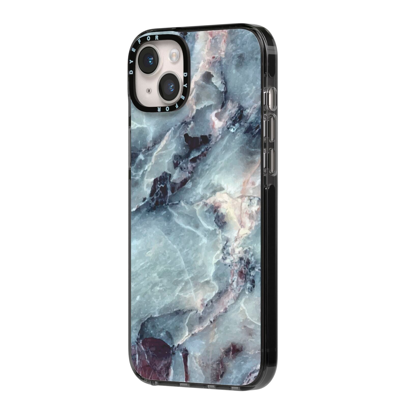 Faux Marble Blue Grey iPhone 14 Plus Black Impact Case Side Angle on Silver phone