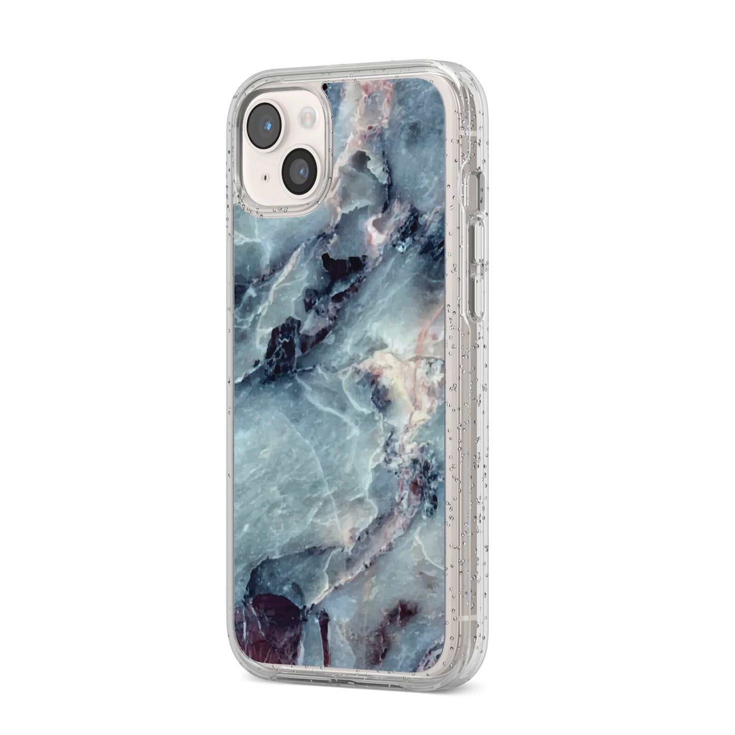 Faux Marble Blue Grey iPhone 14 Plus Glitter Tough Case Starlight Angled Image