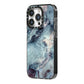 Faux Marble Blue Grey iPhone 14 Pro Black Impact Case Side Angle on Silver phone