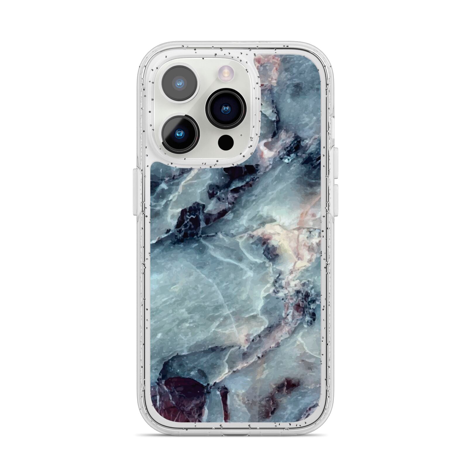 Faux Marble Blue Grey iPhone 14 Pro Glitter Tough Case Silver