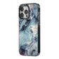 Faux Marble Blue Grey iPhone 14 Pro Max Black Impact Case Side Angle on Silver phone