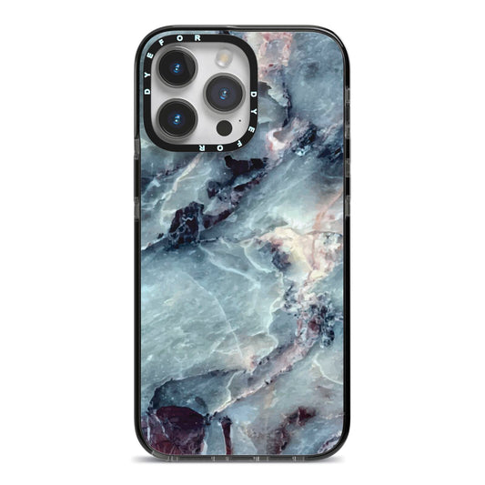 Faux Marble Blue Grey iPhone 14 Pro Max Black Impact Case on Silver phone