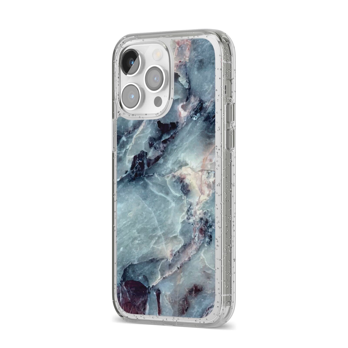Faux Marble Blue Grey iPhone 14 Pro Max Glitter Tough Case Silver Angled Image