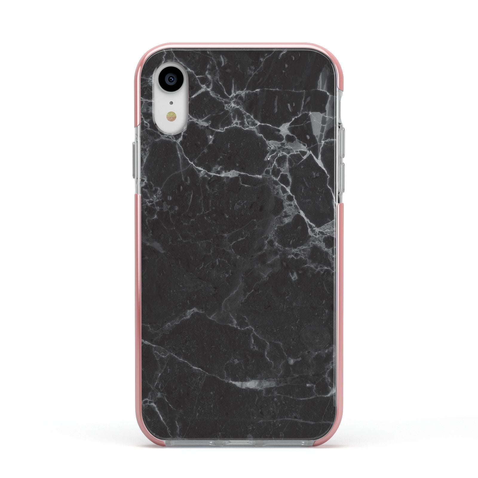Faux Marble Effect Black Apple iPhone XR Impact Case Pink Edge on Silver Phone