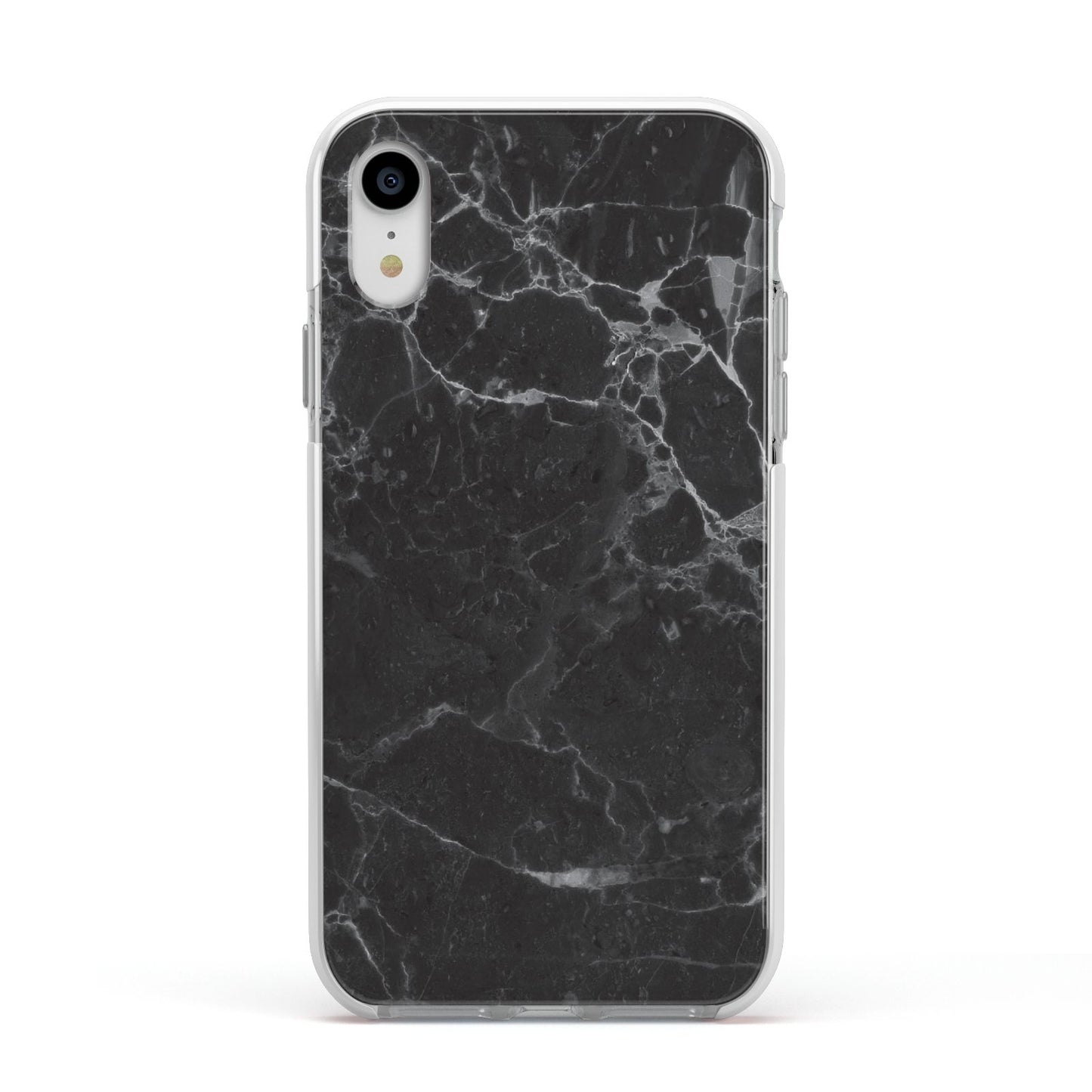 Faux Marble Effect Black Apple iPhone XR Impact Case White Edge on Silver Phone