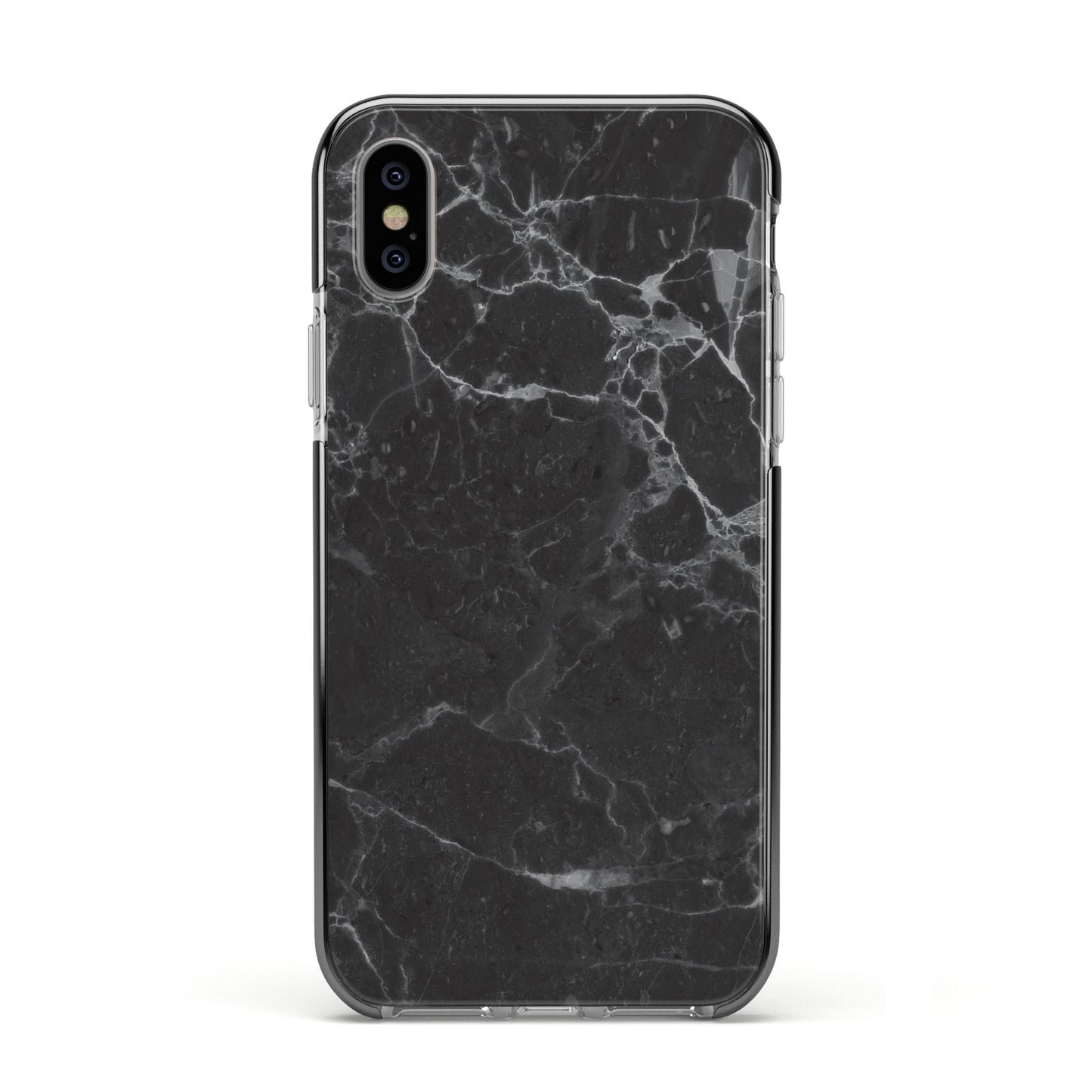 Faux Marble Effect Black Apple iPhone Xs Impact Case Black Edge on Silver Phone