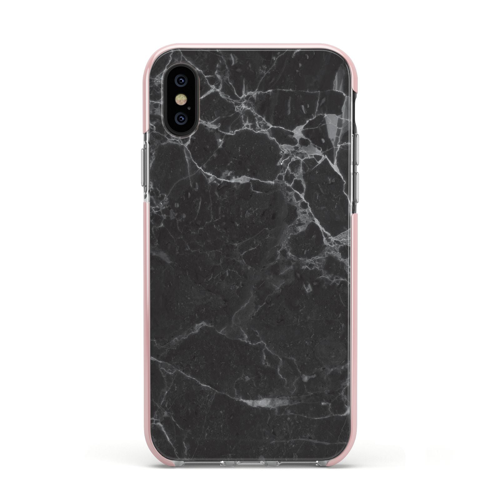 Faux Marble Effect Black Apple iPhone Xs Impact Case Pink Edge on Black Phone