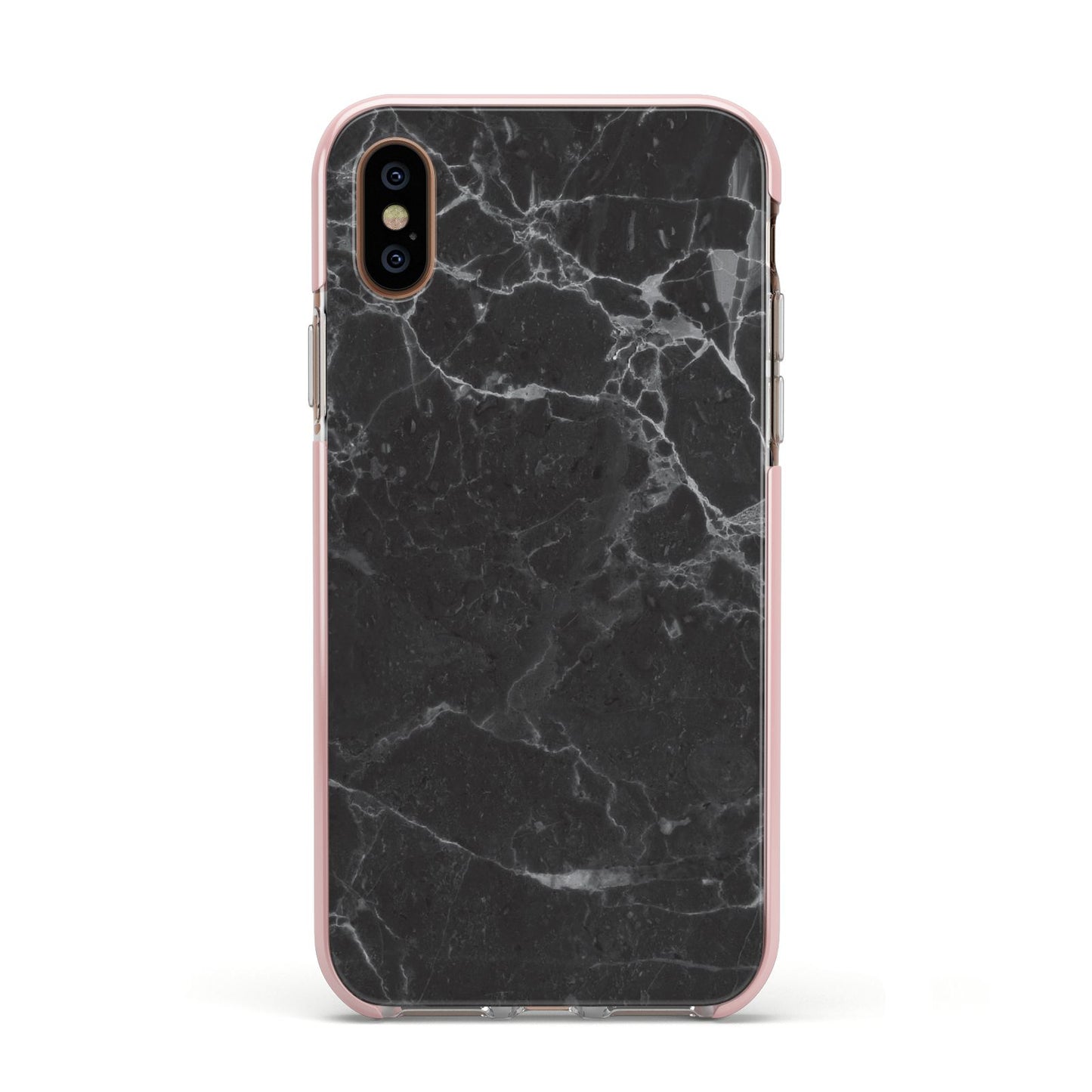 Faux Marble Effect Black Apple iPhone Xs Impact Case Pink Edge on Gold Phone