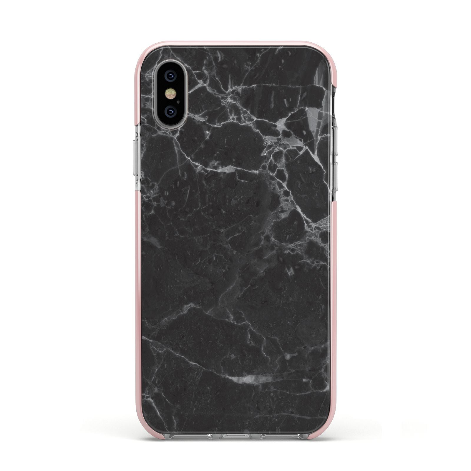 Faux Marble Effect Black Apple iPhone Xs Impact Case Pink Edge on Silver Phone