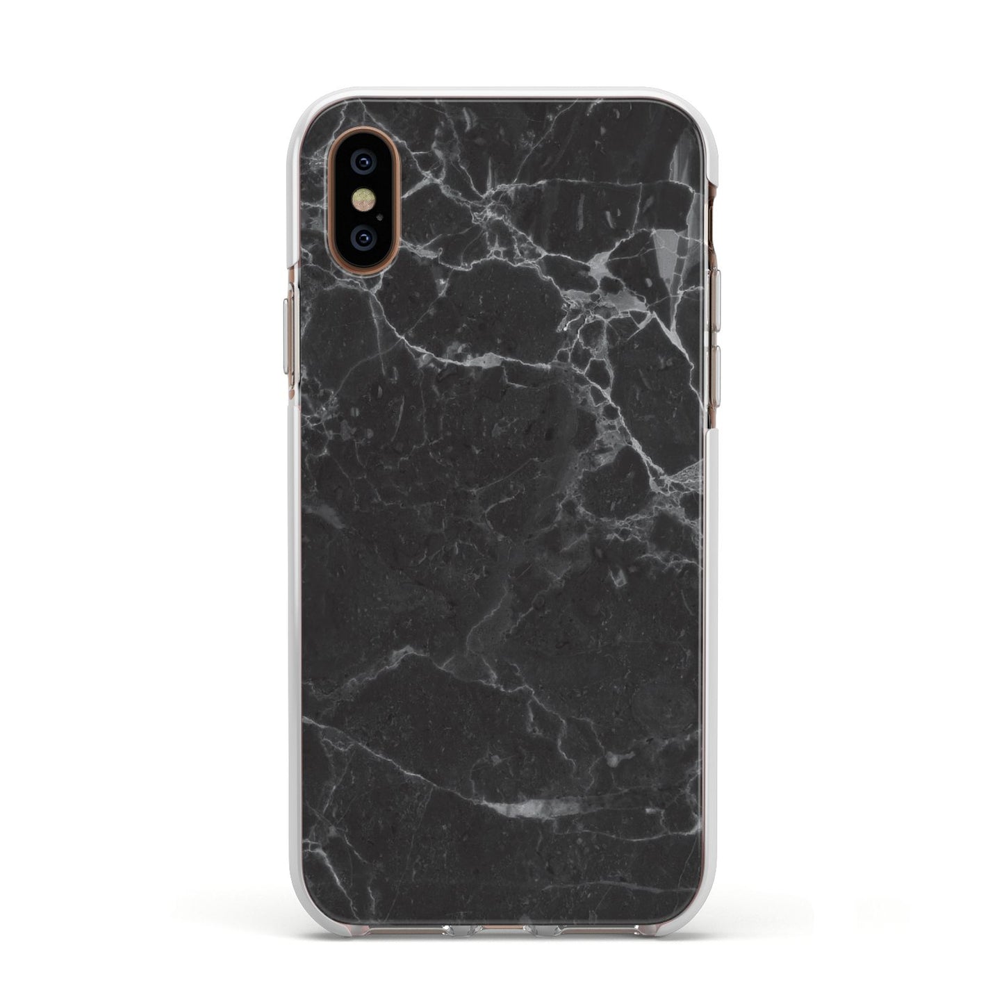 Faux Marble Effect Black Apple iPhone Xs Impact Case White Edge on Gold Phone