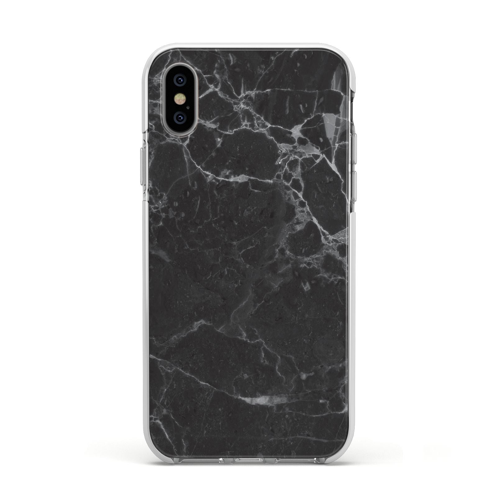Faux Marble Effect Black Apple iPhone Xs Impact Case White Edge on Silver Phone