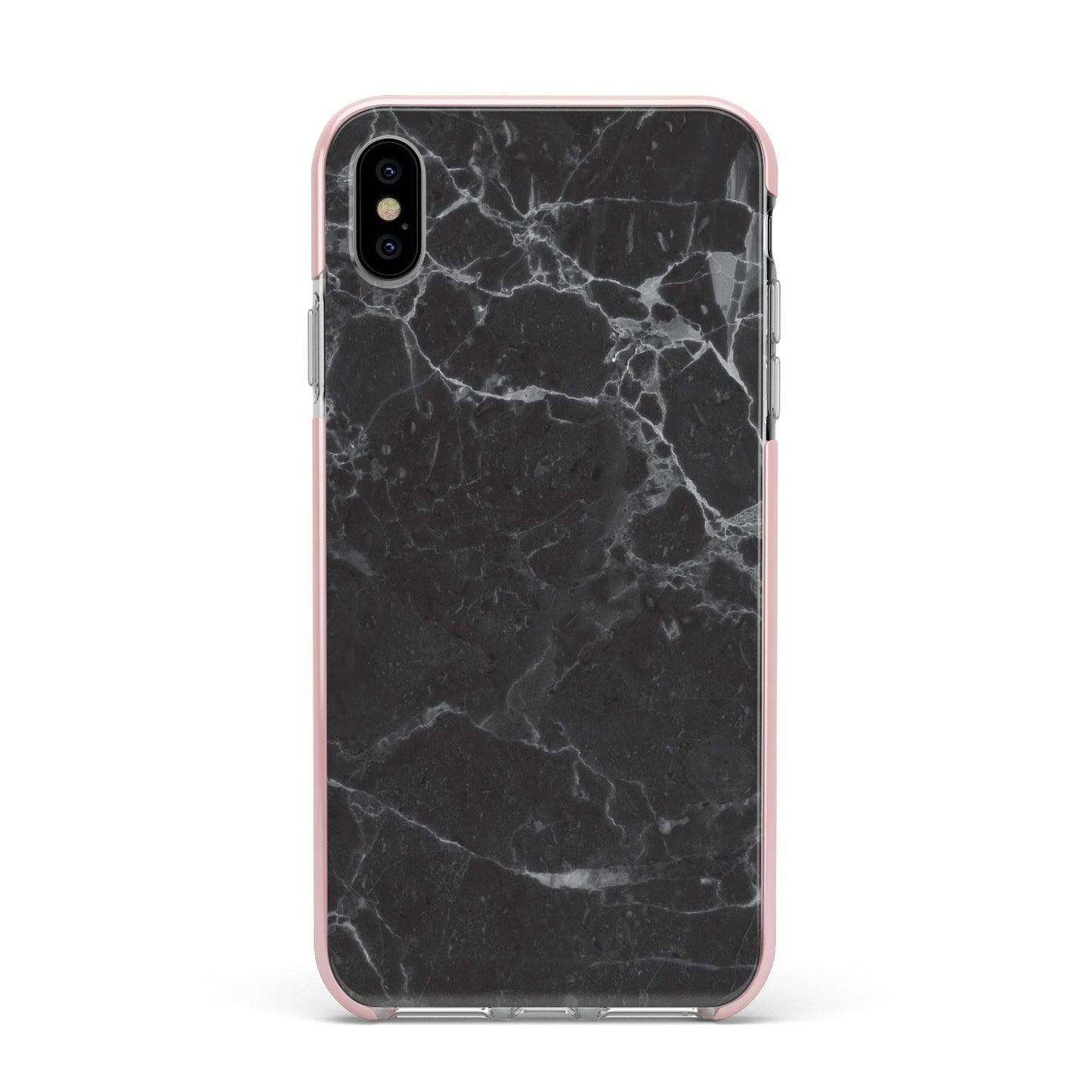 Faux Marble Effect Black Apple iPhone Xs Max Impact Case Pink Edge on Silver Phone