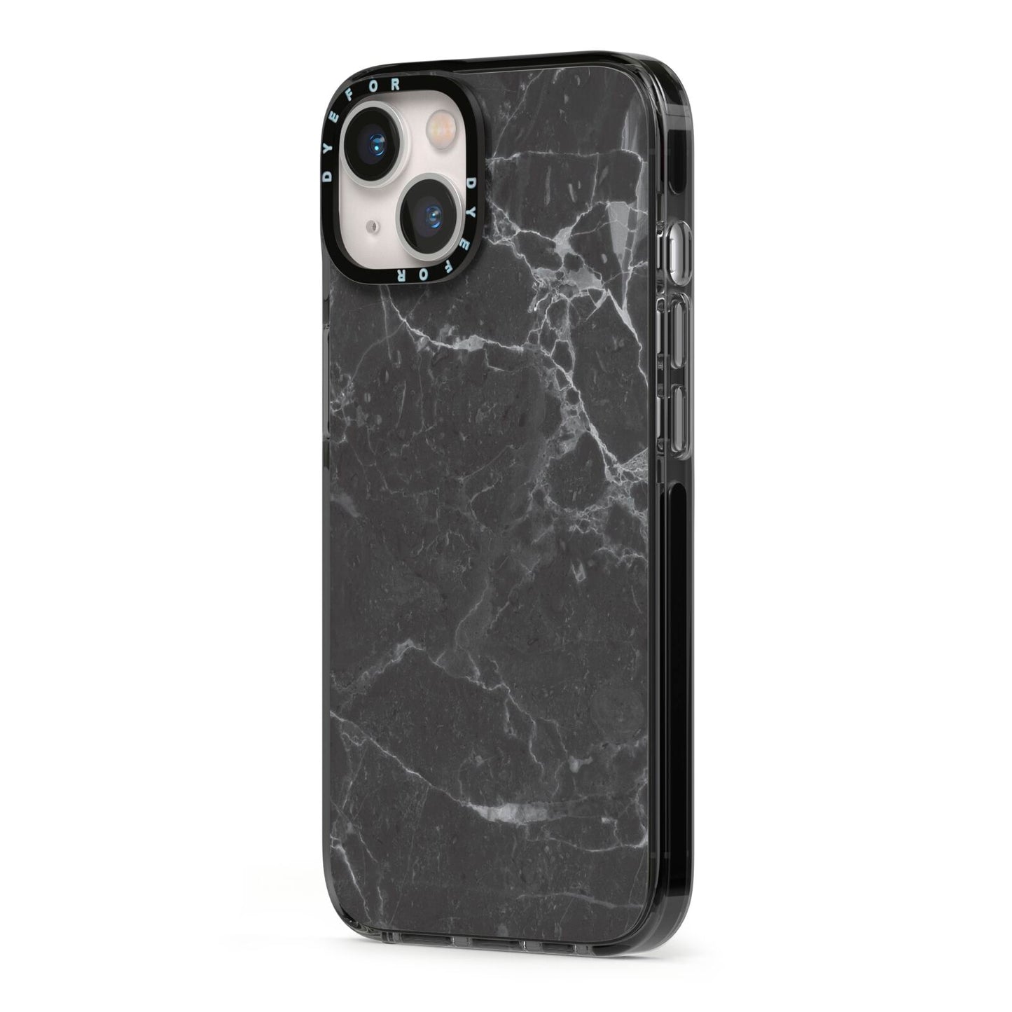 Faux Marble Effect Black iPhone 13 Black Impact Case Side Angle on Silver phone
