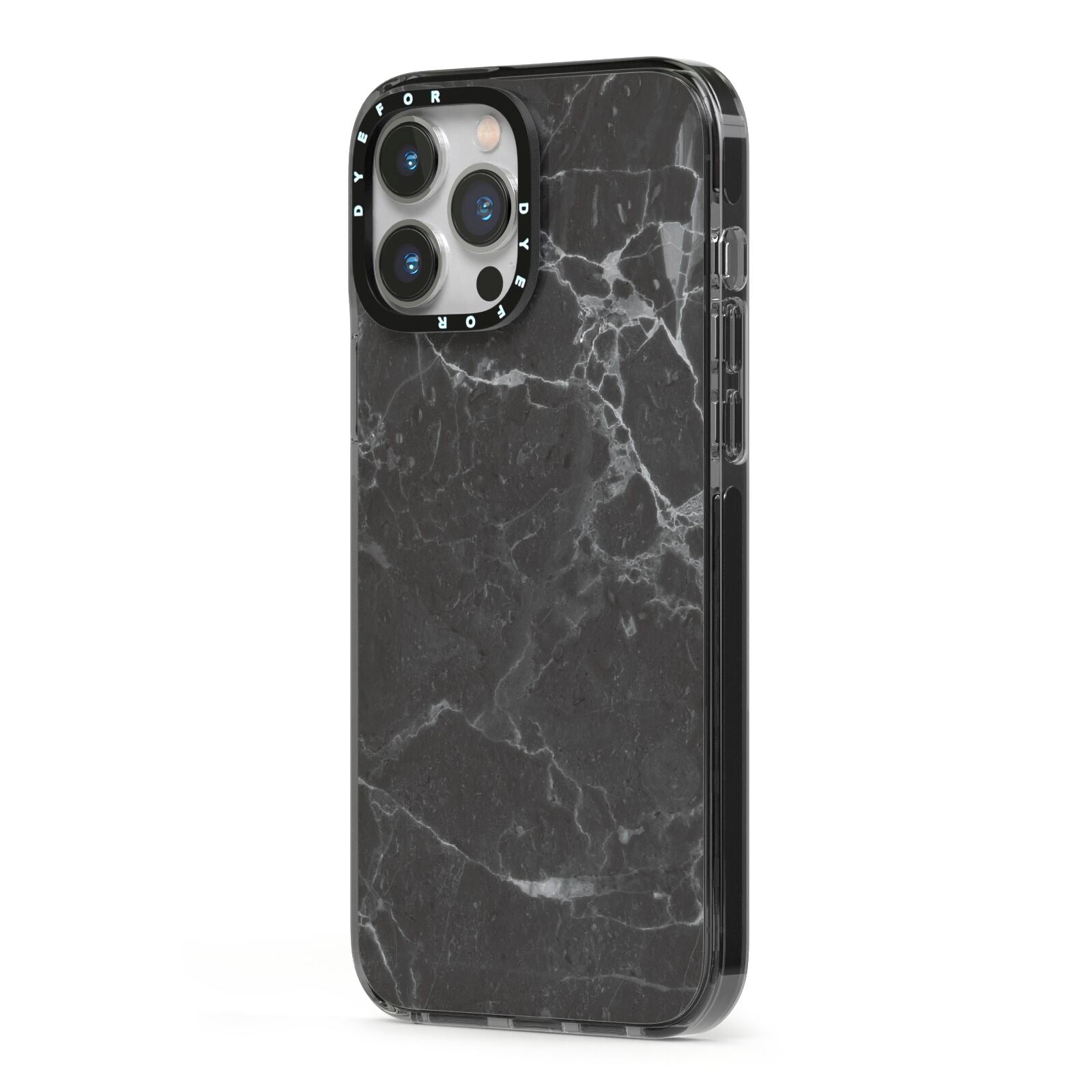 Faux Marble Effect Black iPhone 13 Pro Max Black Impact Case Side Angle on Silver phone