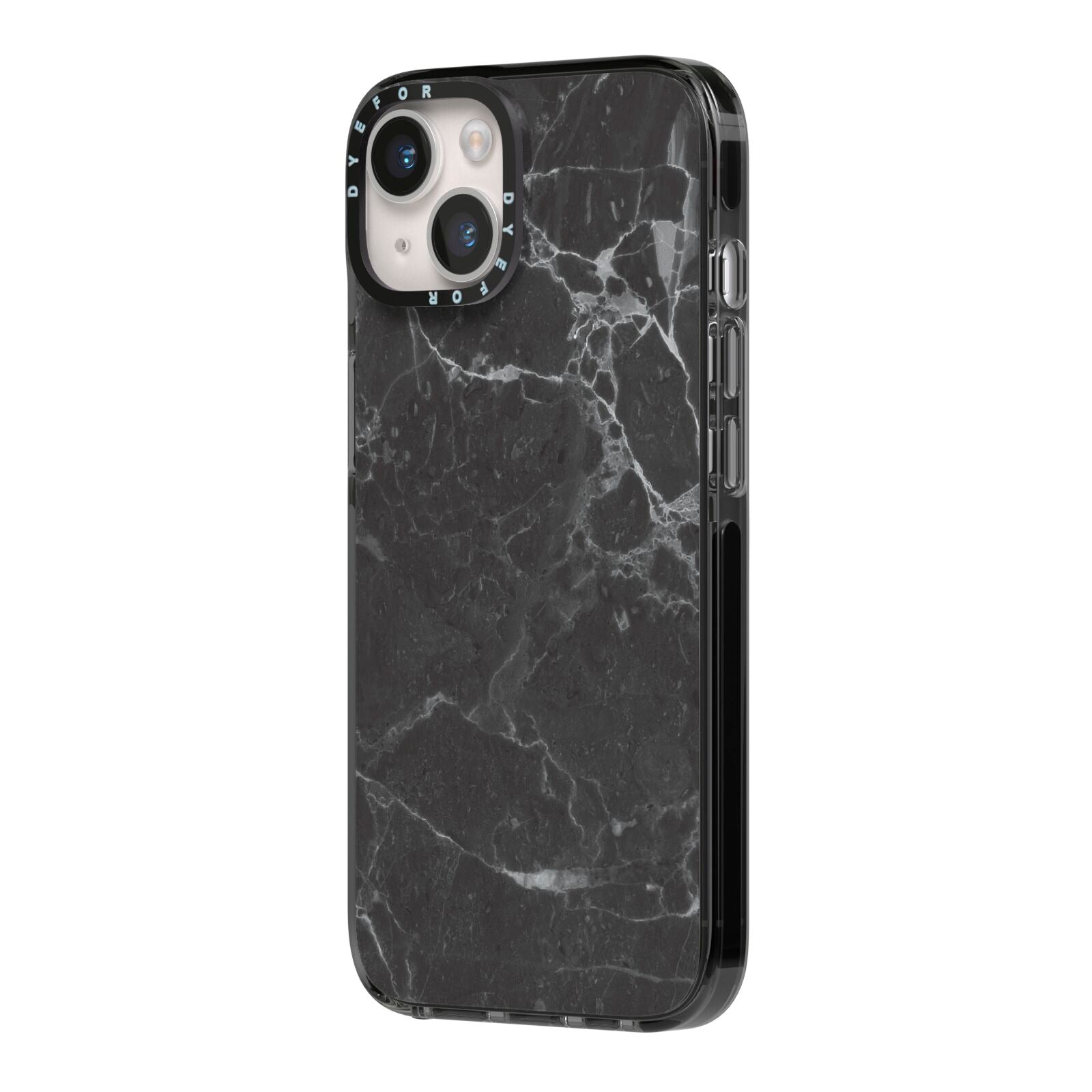 Faux Marble Effect Black iPhone 14 Black Impact Case Side Angle on Silver phone