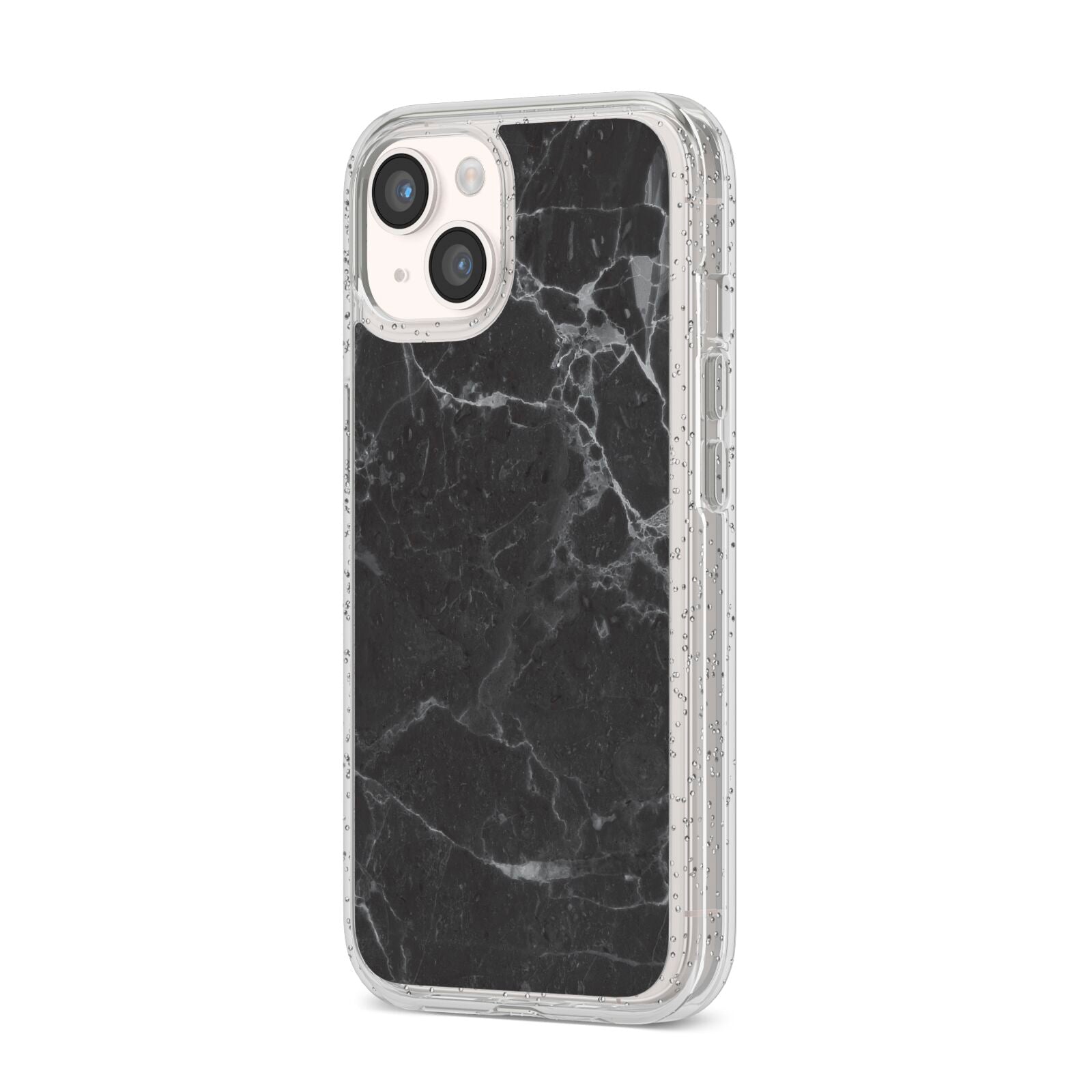 Faux Marble Effect Black iPhone 14 Glitter Tough Case Starlight Angled Image