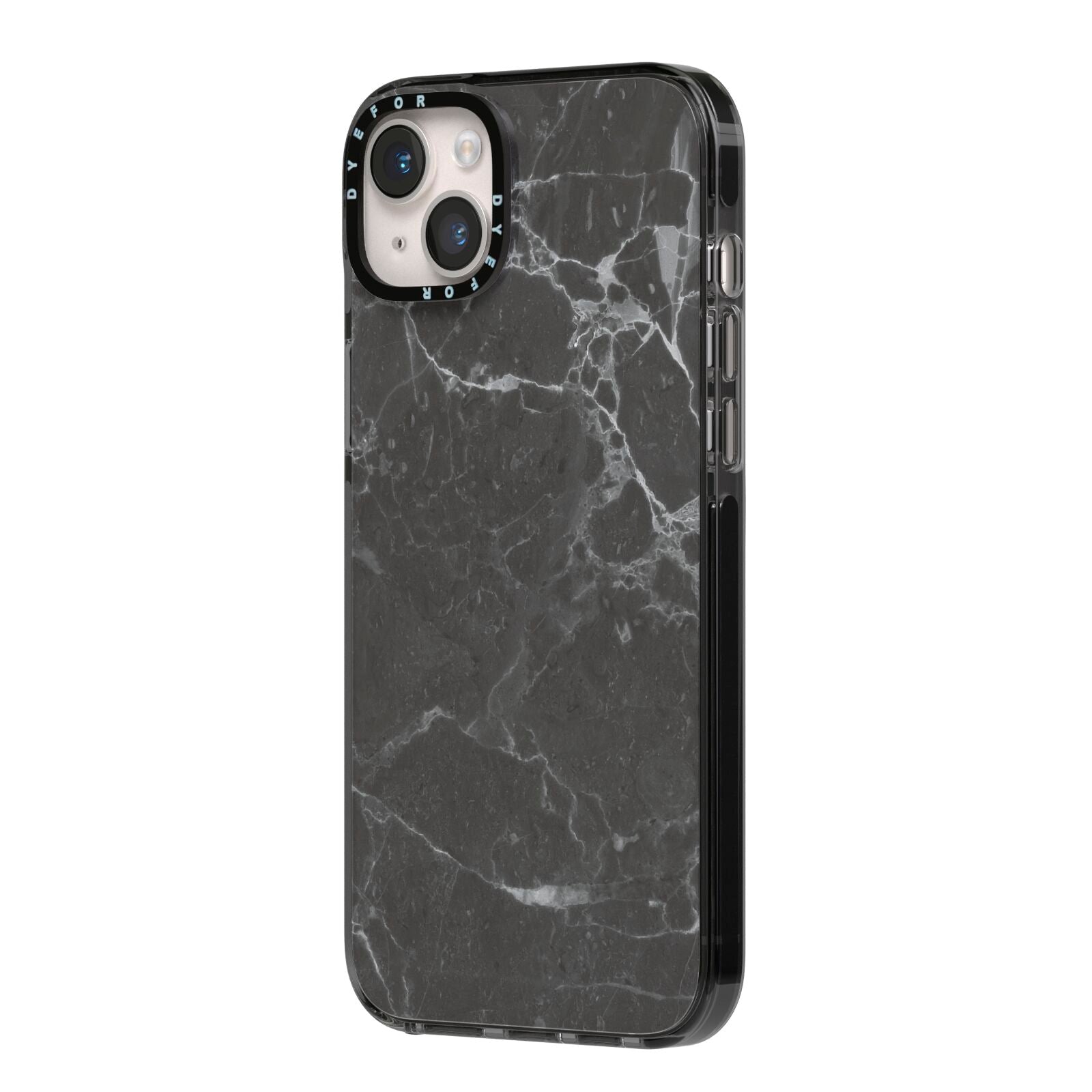 Faux Marble Effect Black iPhone 14 Plus Black Impact Case Side Angle on Silver phone