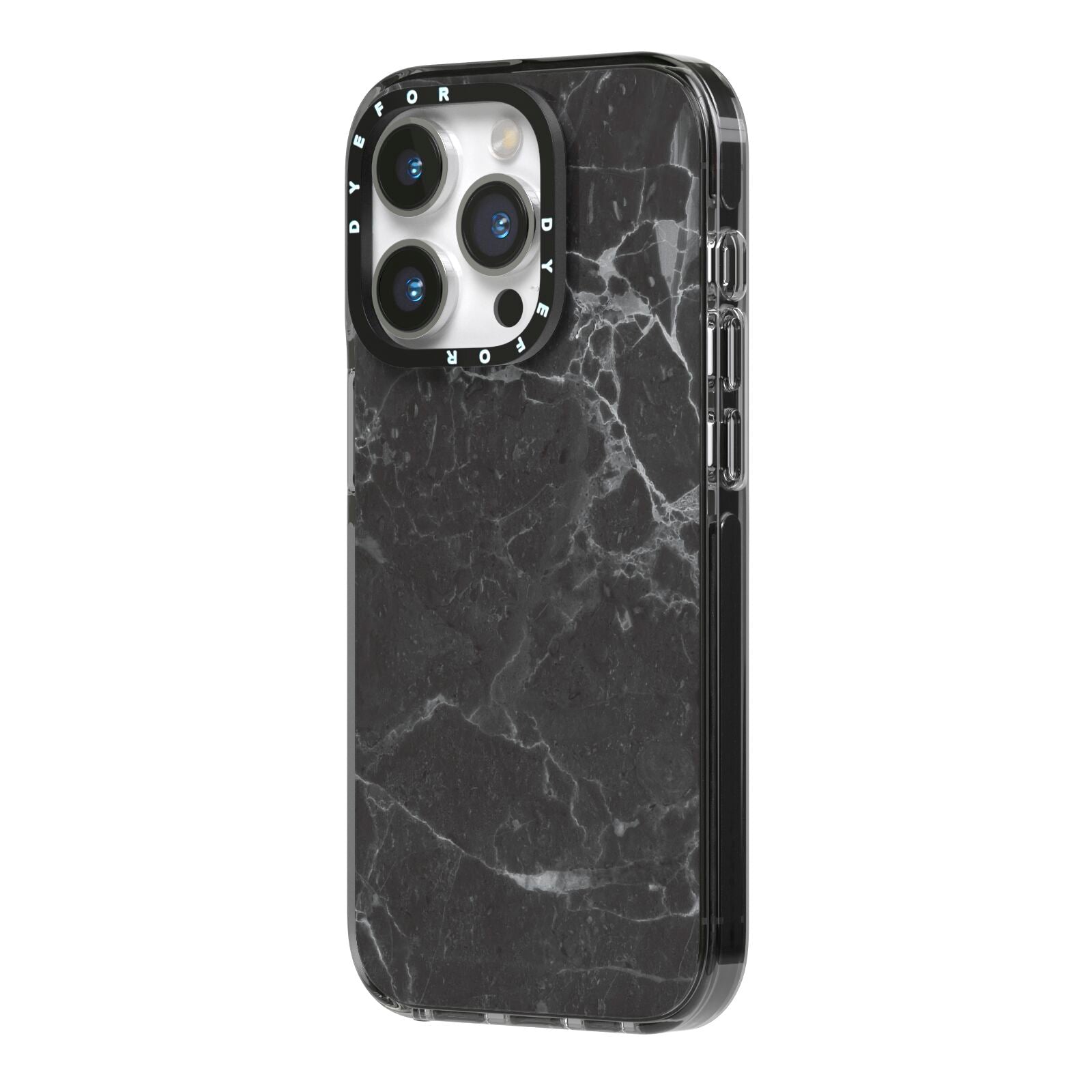Faux Marble Effect Black iPhone 14 Pro Black Impact Case Side Angle on Silver phone