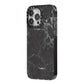 Faux Marble Effect Black iPhone 14 Pro Max Black Impact Case Side Angle on Silver phone