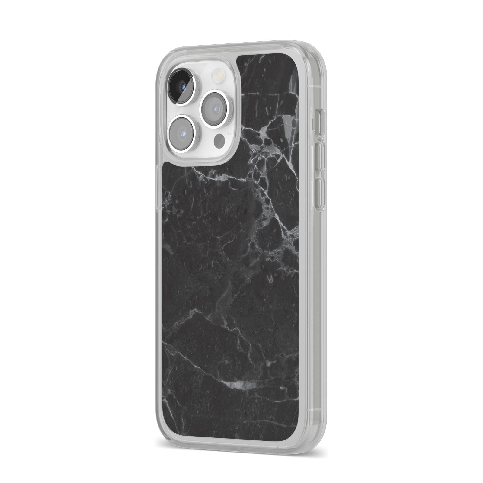 Faux Marble Effect Black iPhone 14 Pro Max Clear Tough Case Silver Angled Image