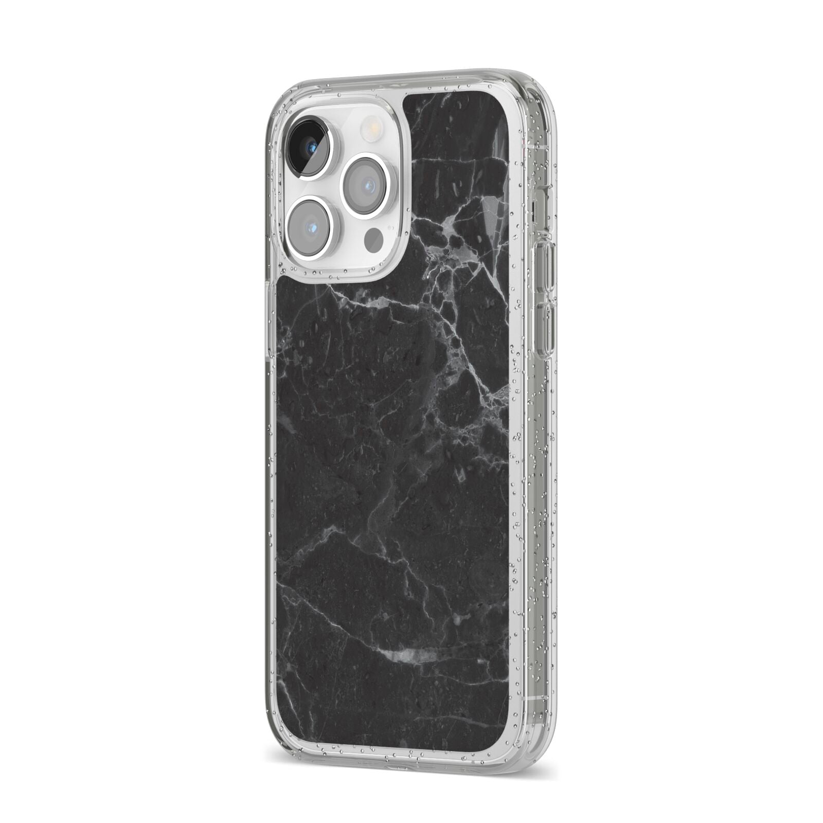 Faux Marble Effect Black iPhone 14 Pro Max Glitter Tough Case Silver Angled Image
