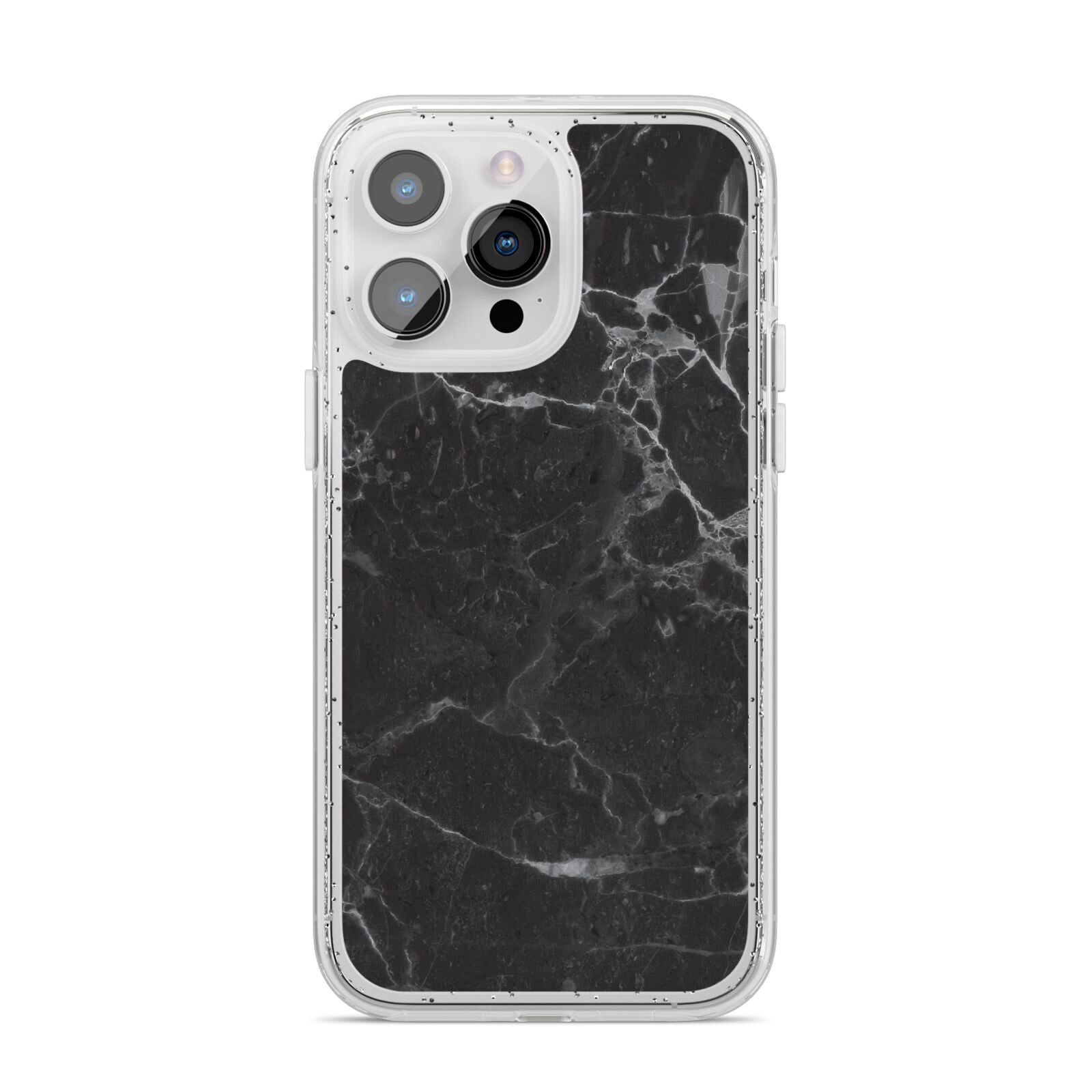 Faux Marble Effect Black iPhone 14 Pro Max Glitter Tough Case Silver