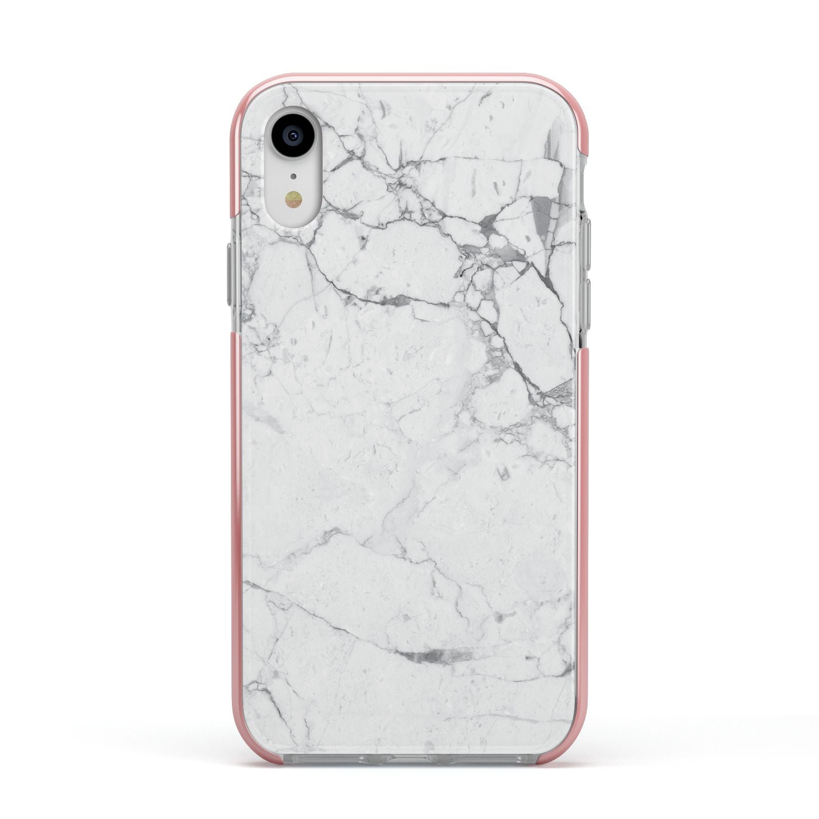 Faux Marble Effect Grey White Apple iPhone XR Impact Case Pink Edge on Silver Phone