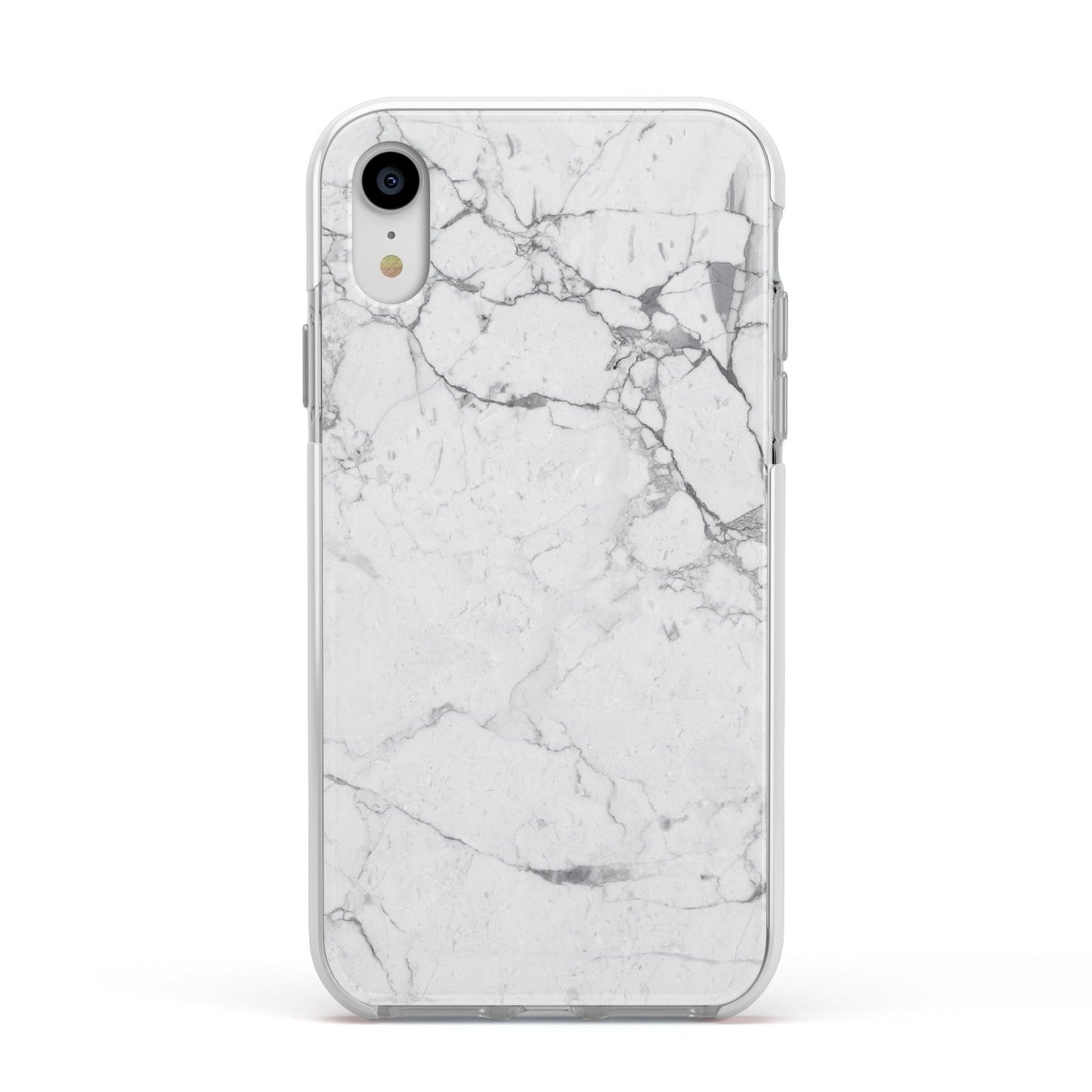 Faux Marble Effect Grey White Apple iPhone XR Impact Case White Edge on Silver Phone