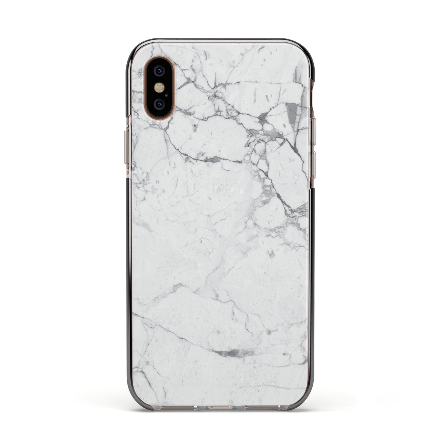 Faux Marble Effect Grey White Apple iPhone Xs Impact Case Black Edge on Gold Phone