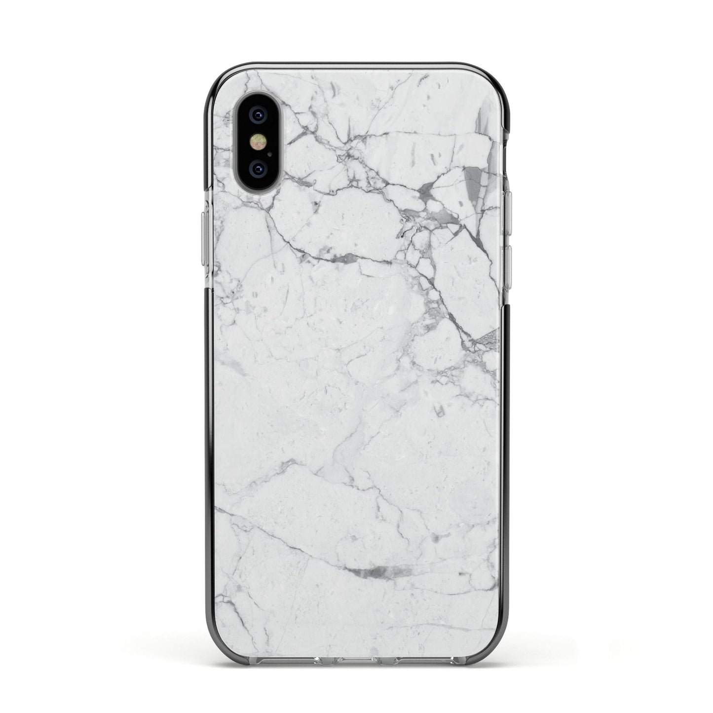 Faux Marble Effect Grey White Apple iPhone Xs Impact Case Black Edge on Silver Phone