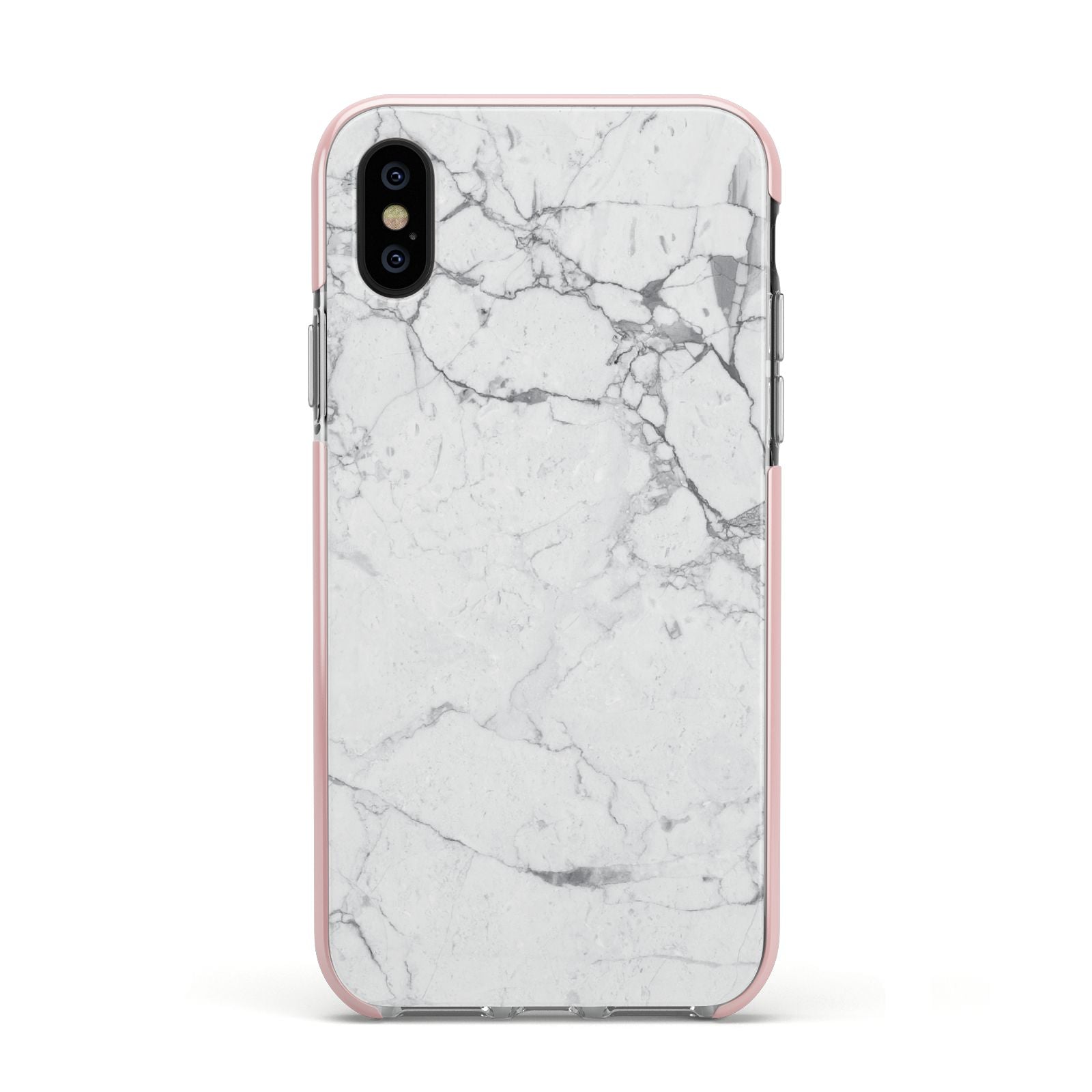 Faux Marble Effect Grey White Apple iPhone Xs Impact Case Pink Edge on Black Phone