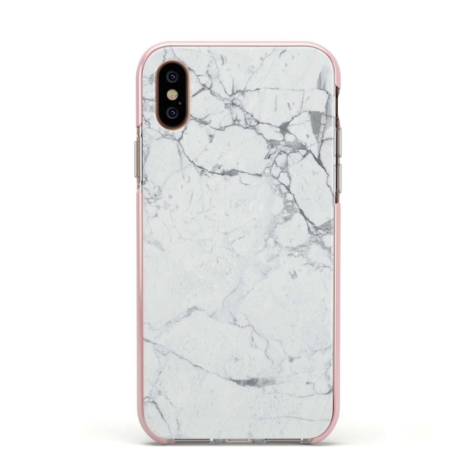 Faux Marble Effect Grey White Apple iPhone Xs Impact Case Pink Edge on Gold Phone