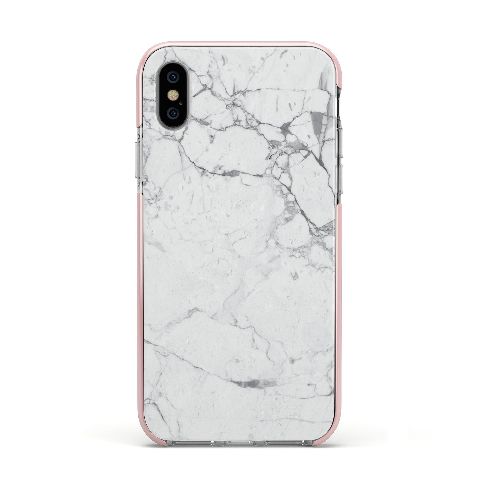 Faux Marble Effect Grey White Apple iPhone Xs Impact Case Pink Edge on Silver Phone