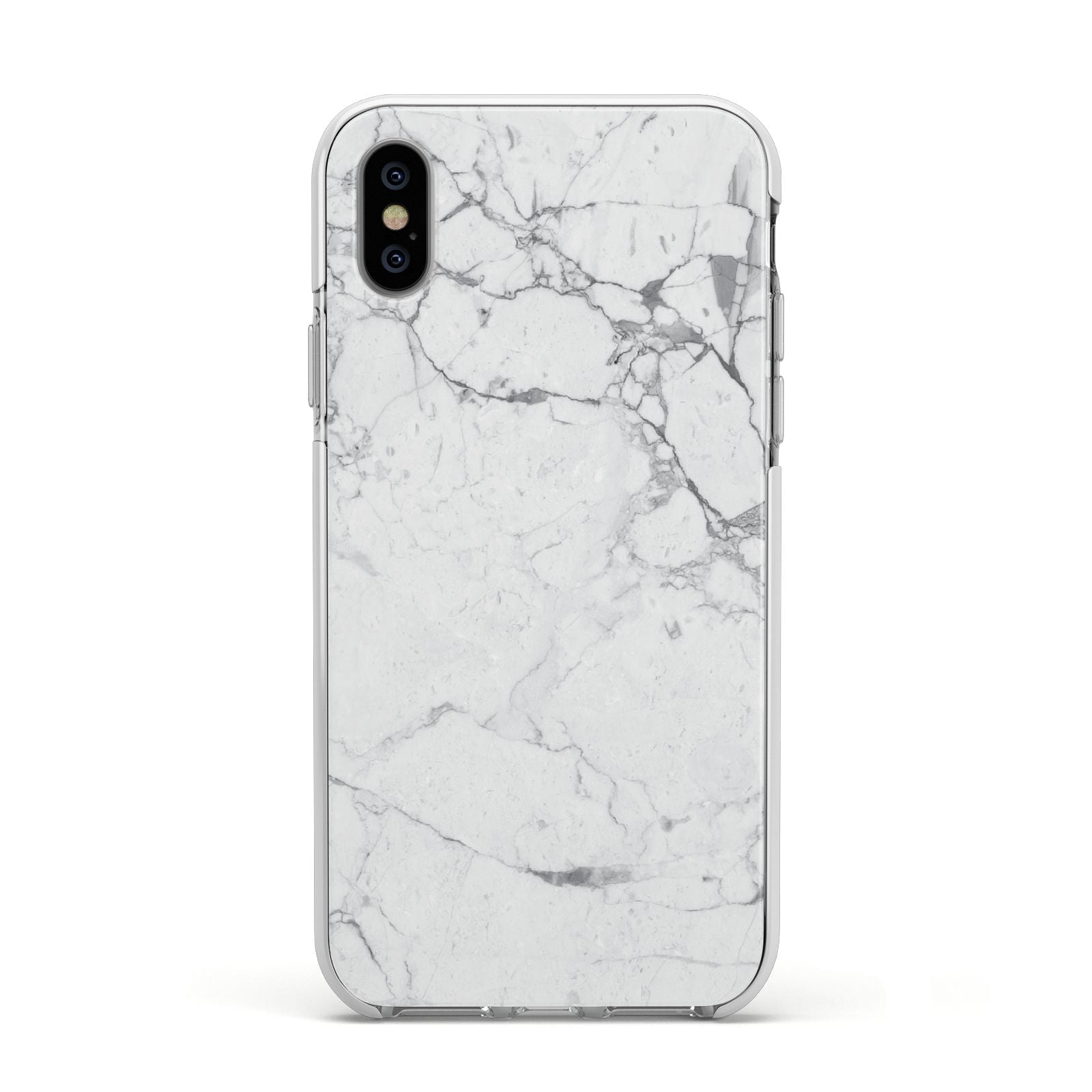 Faux Marble Effect Grey White Apple iPhone Xs Impact Case White Edge on Silver Phone
