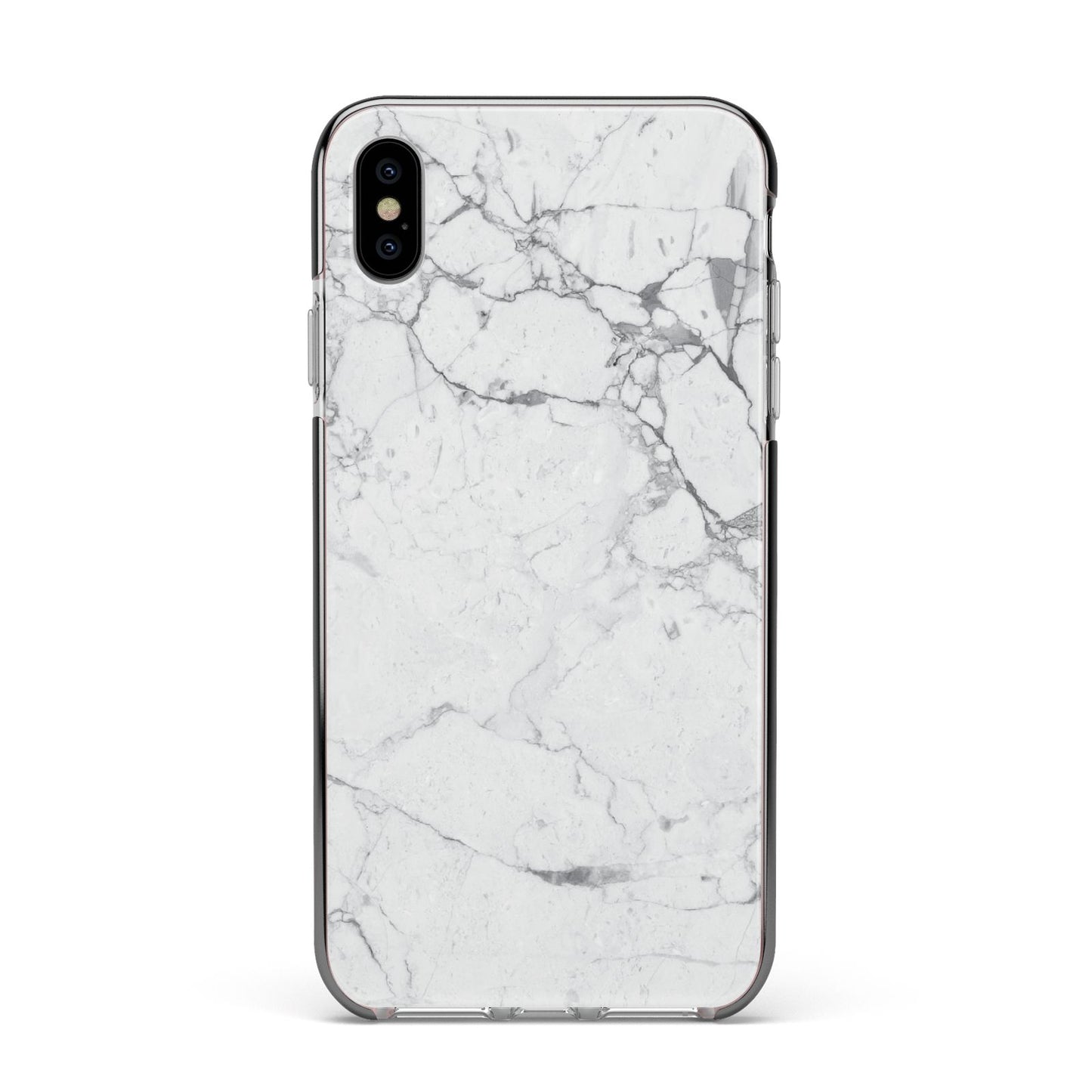 Faux Marble Effect Grey White Apple iPhone Xs Max Impact Case Black Edge on Silver Phone