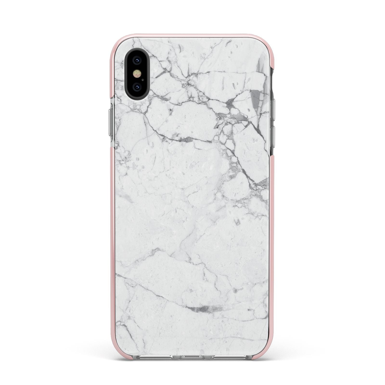 Faux Marble Effect Grey White Apple iPhone Xs Max Impact Case Pink Edge on Black Phone