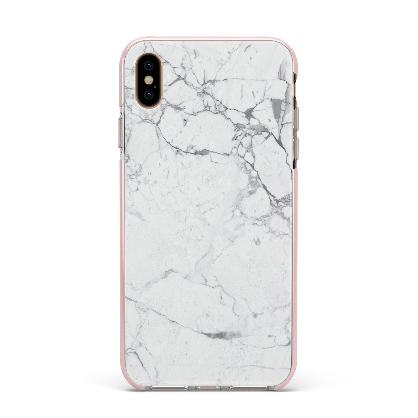 Faux Marble Effect Grey White Apple iPhone Xs Max Impact Case Pink Edge on Gold Phone