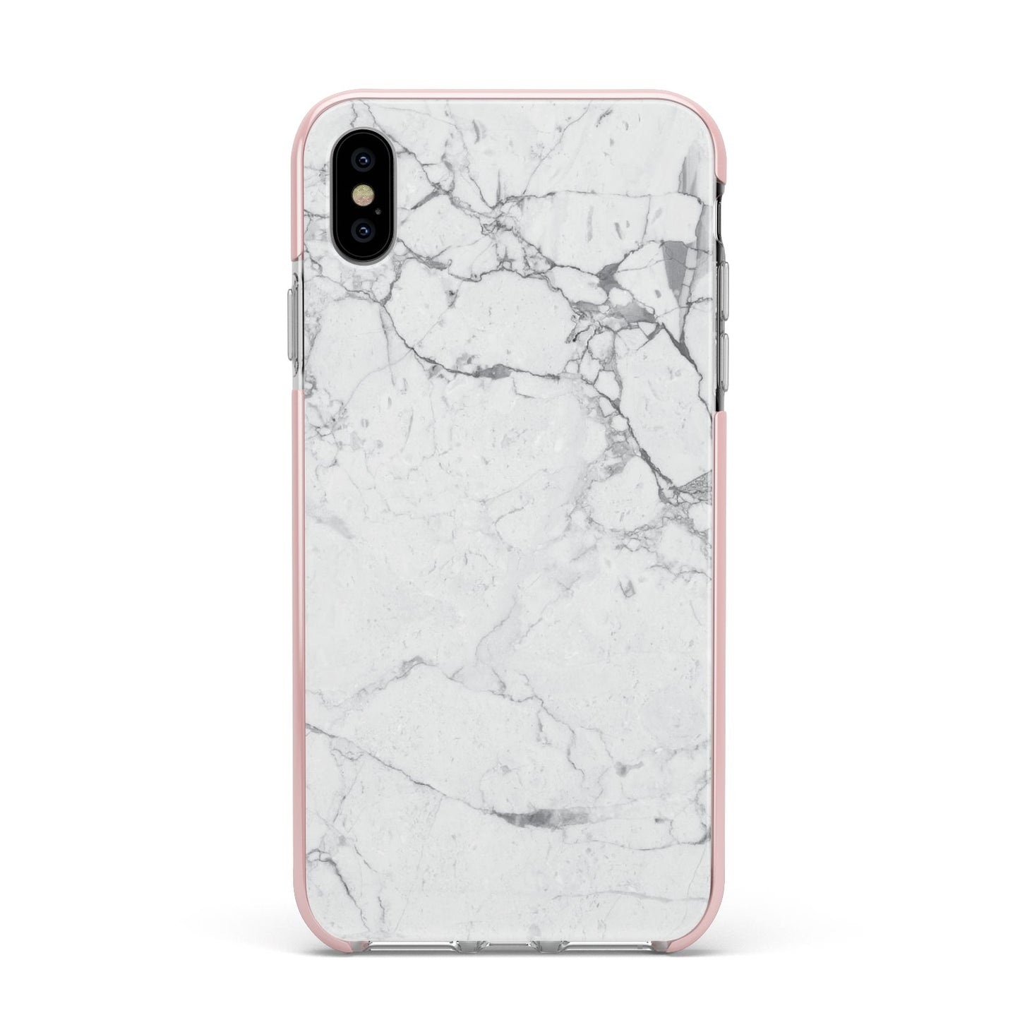 Faux Marble Effect Grey White Apple iPhone Xs Max Impact Case Pink Edge on Silver Phone