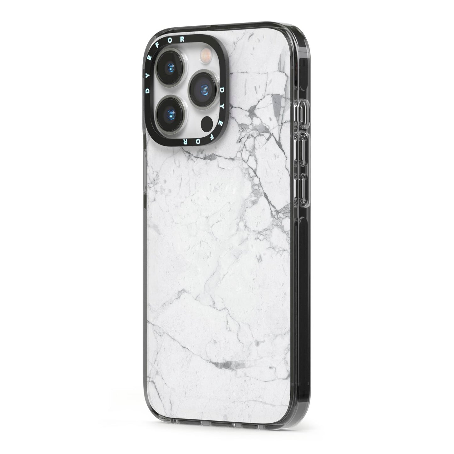 Faux Marble Effect Grey White iPhone 13 Pro Black Impact Case Side Angle on Silver phone