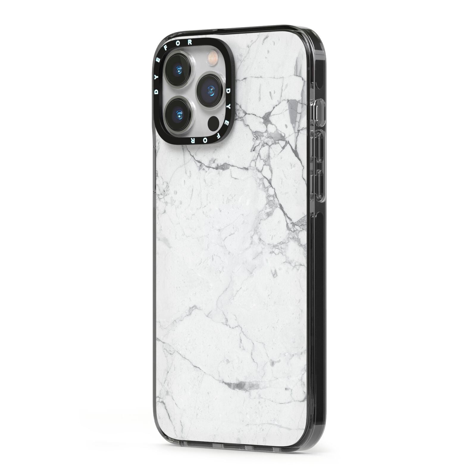 Faux Marble Effect Grey White iPhone 13 Pro Max Black Impact Case Side Angle on Silver phone