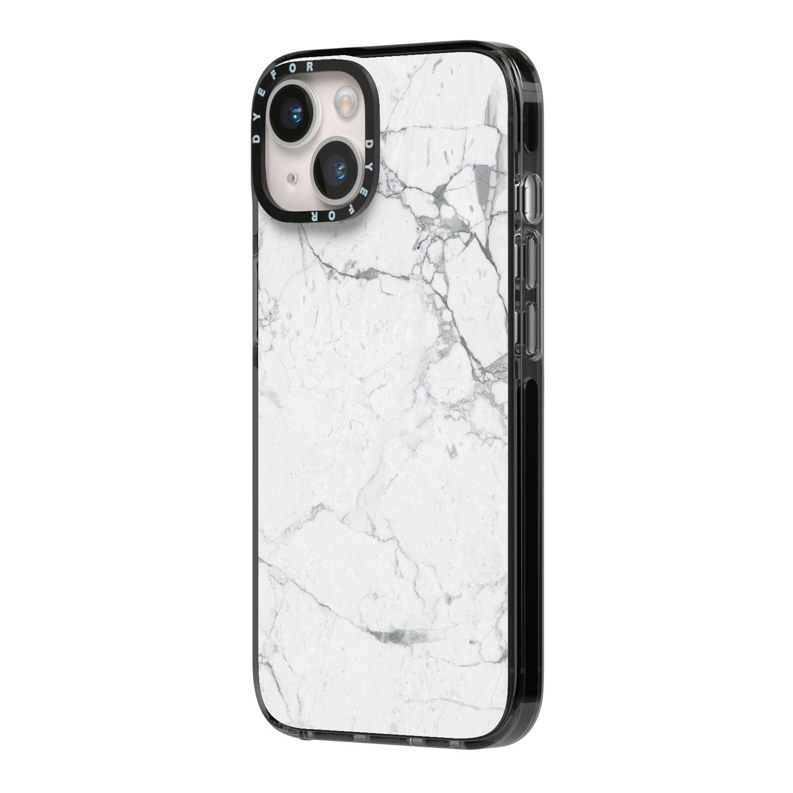 Faux Marble Effect Grey White iPhone 14 Black Impact Case Side Angle on Silver phone