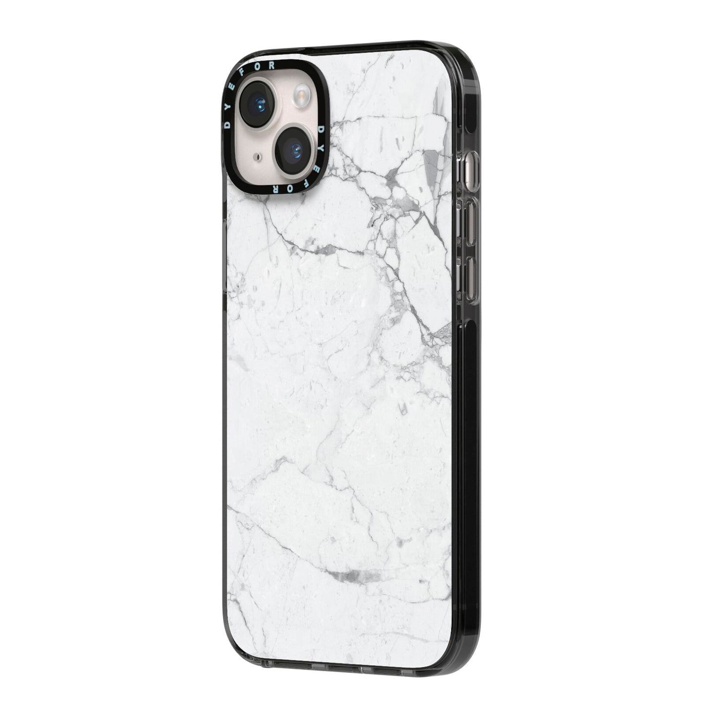 Faux Marble Effect Grey White iPhone 14 Plus Black Impact Case Side Angle on Silver phone