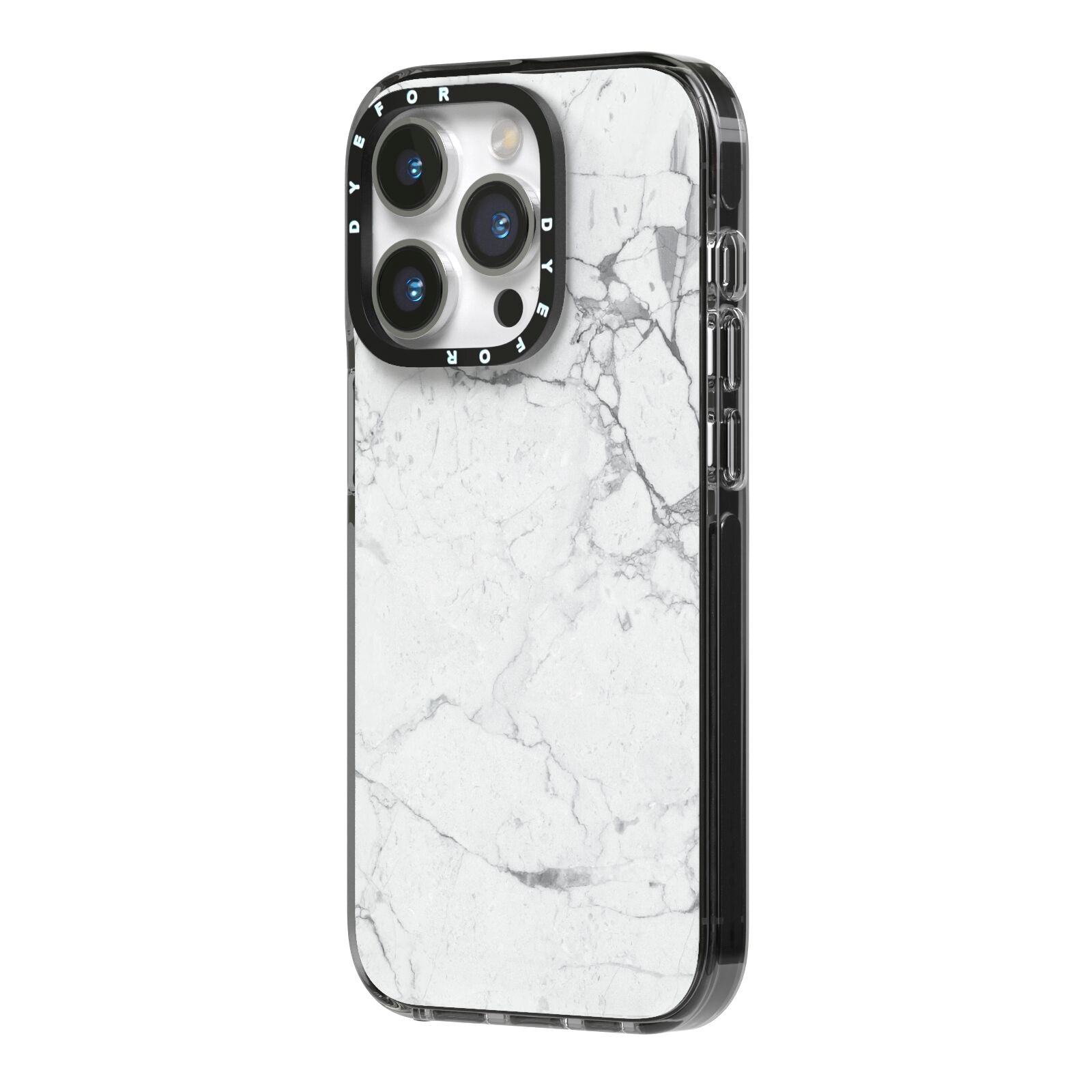 Faux Marble Effect Grey White iPhone 14 Pro Black Impact Case Side Angle on Silver phone