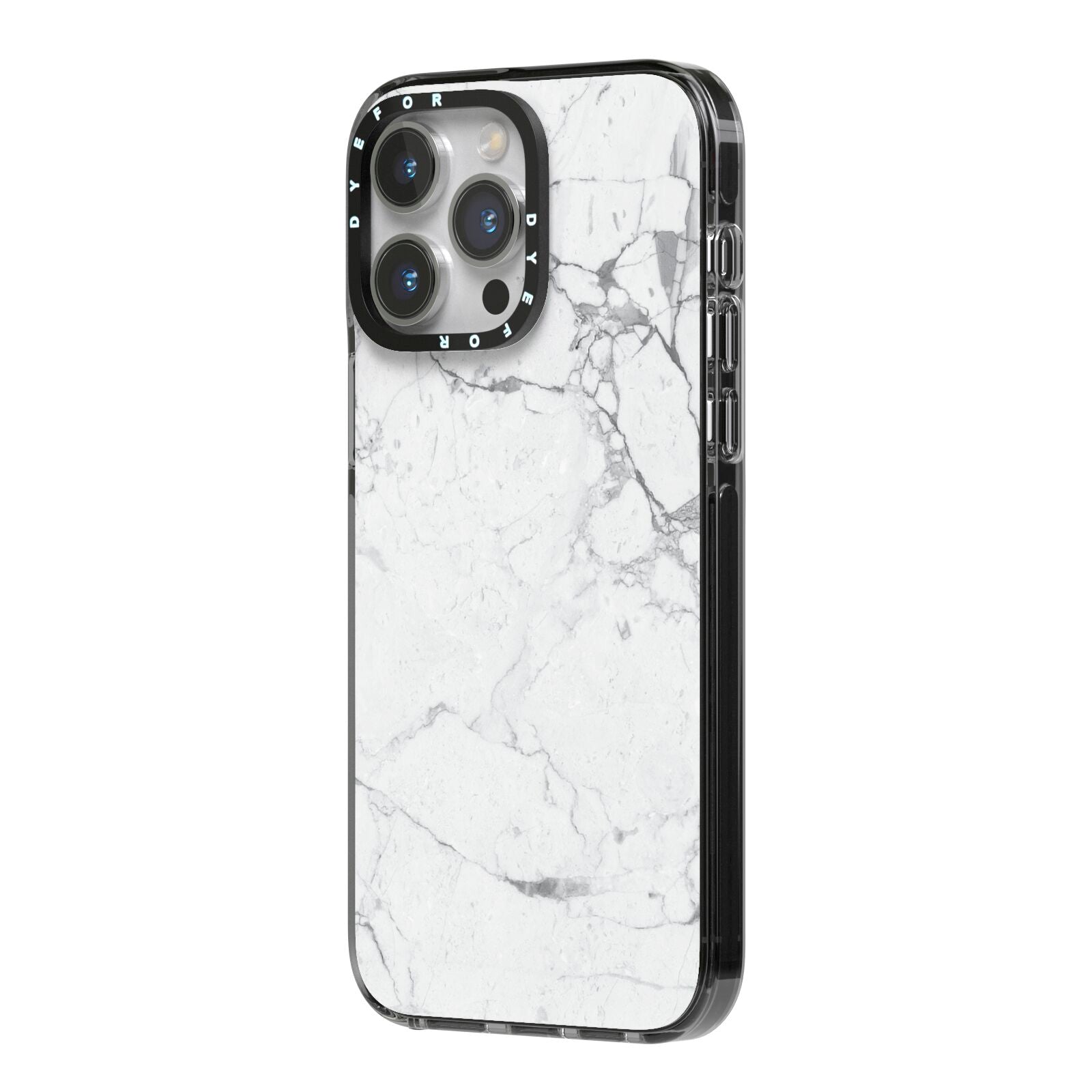 Faux Marble Effect Grey White iPhone 14 Pro Max Black Impact Case Side Angle on Silver phone