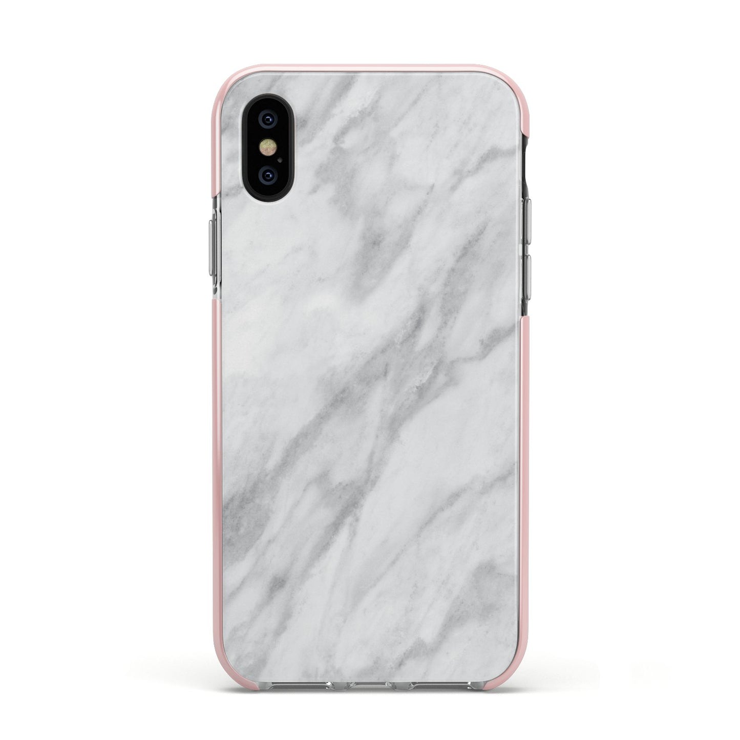 Faux Marble Effect Italian Apple iPhone Xs Impact Case Pink Edge on Black Phone