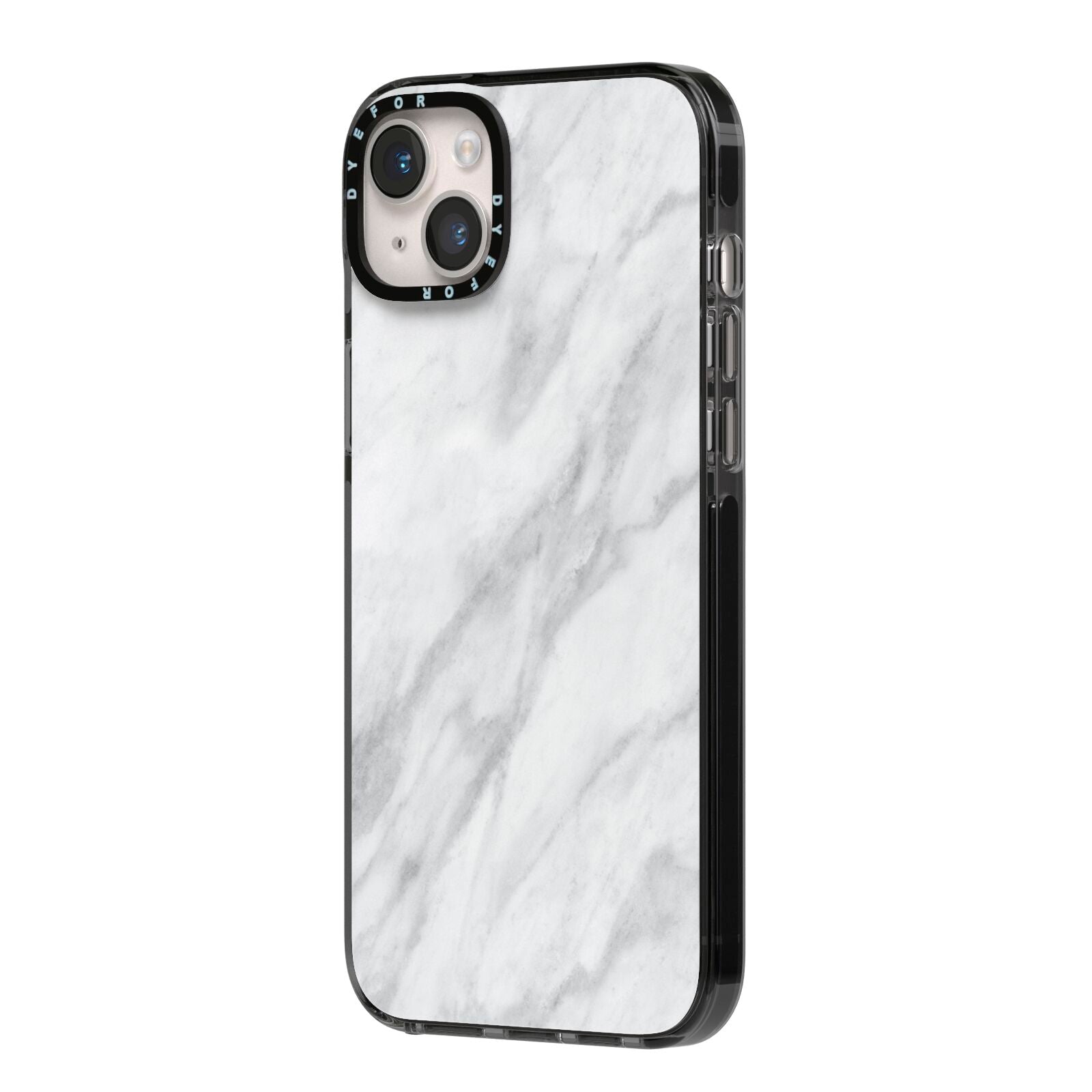 Faux Marble Effect Italian iPhone 14 Plus Black Impact Case Side Angle on Silver phone